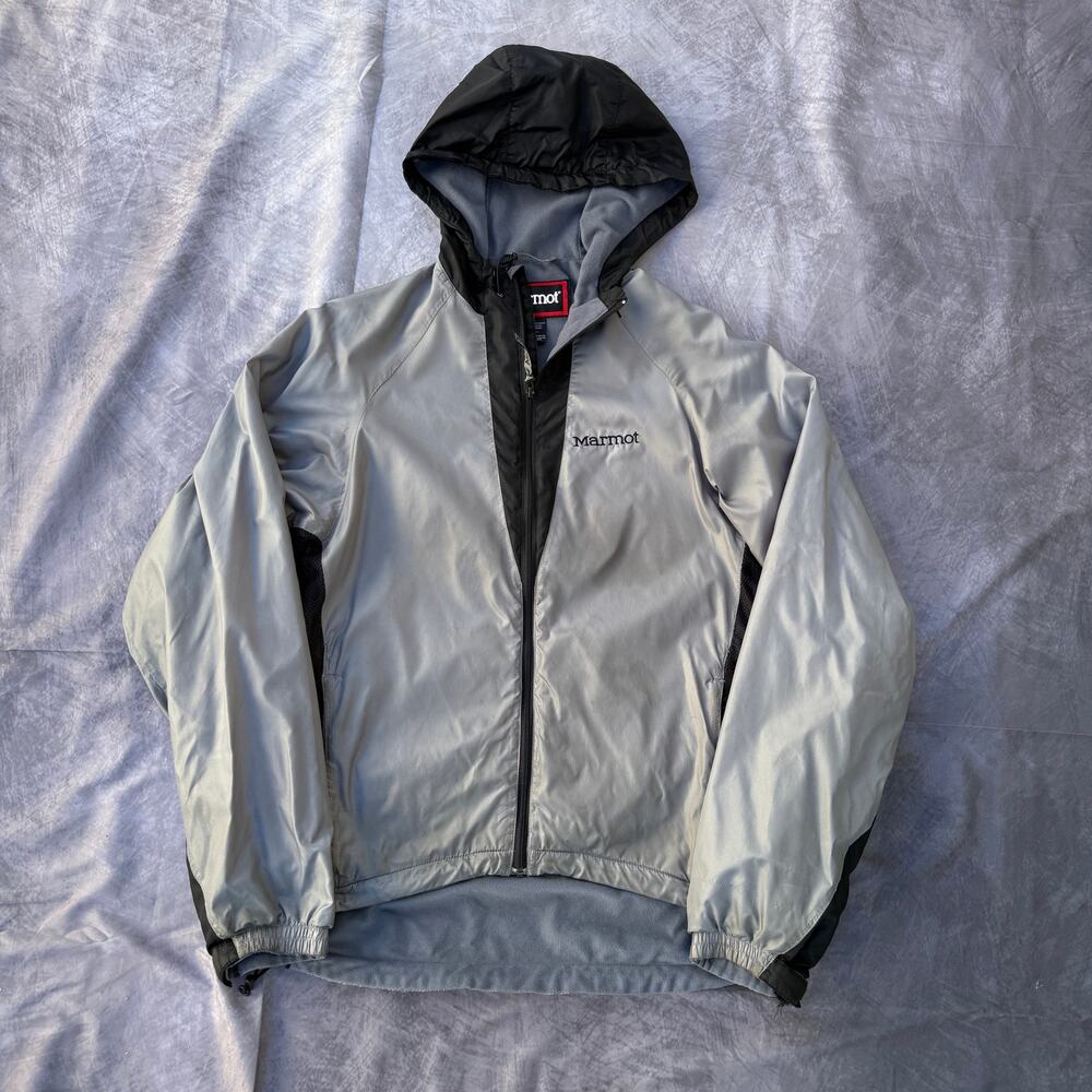 Men's Marmot Silver Black Hooded Lined Windbreaker Shell Zip Up Jacket Sz Small